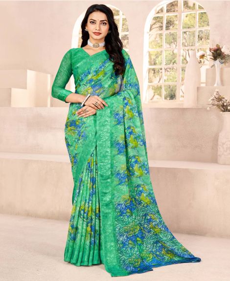 SAREE MALL Women's Chiffon Light Green Printed Designer Saree With Blouse Piece