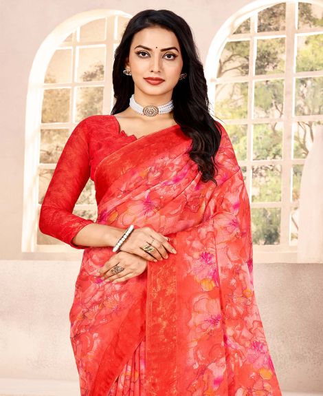 SAREE MALL Women's Chiffon Red Printed Designer Saree With Blouse Piece