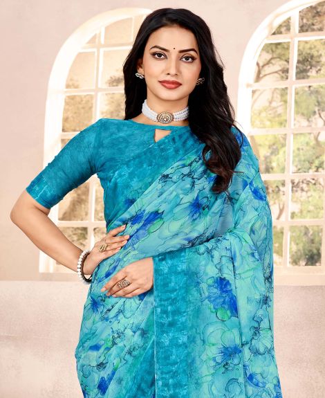 SAREE MALL Women's Chiffon Light Blue Printed Designer Saree With Blouse Piece