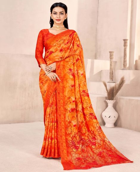 SAREE MALL Women's Chiffon Orange Printed Designer Saree With Blouse Piece