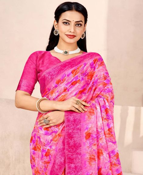 SAREE MALL Women's Chiffon Pink Printed Designer Saree With Blouse Piece
