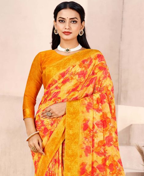 SAREE MALL Women's Chiffon Yellow Printed Designer Saree With Blouse Piece