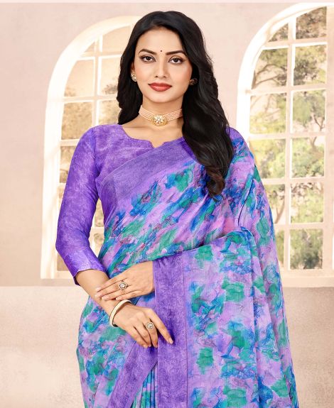 SAREE MALL Women's Chiffon Lavendar Printed Designer Saree With Blouse Piece