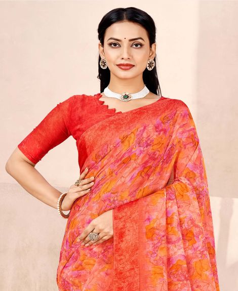 SAREE MALL Women's Chiffon Orange Printed Designer Saree With Blouse Piece