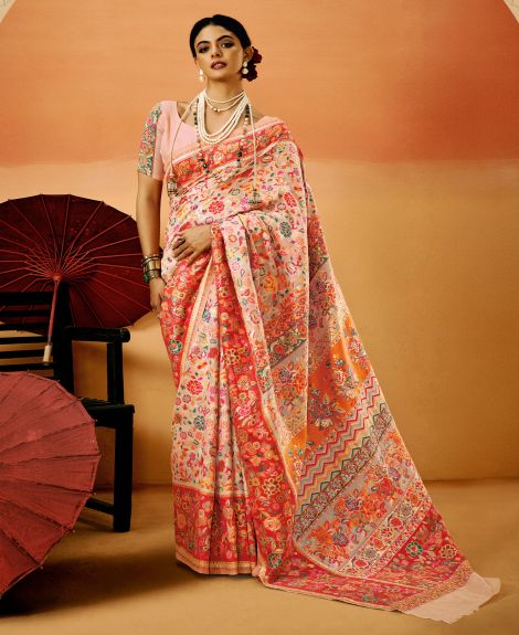 SAREE MALL Women's Cotton Silk Peach Woven Design Designer Saree With Blouse Piece