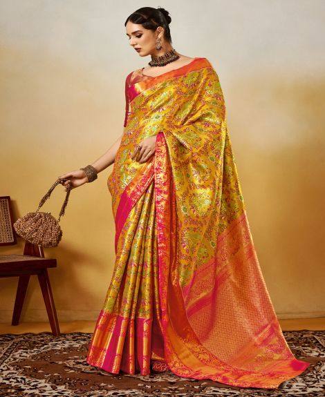 SAREE MALL Women's Silk Blend Yellow Woven Design Designer Saree With Blouse Piece