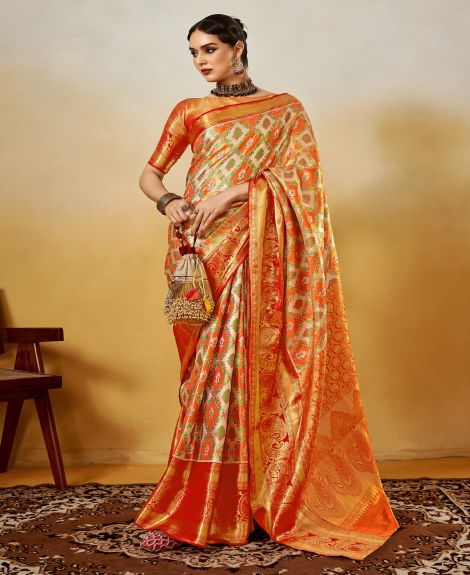 SAREE MALL Women's Silk Blend Orange Woven Design Designer Saree With Blouse Piece