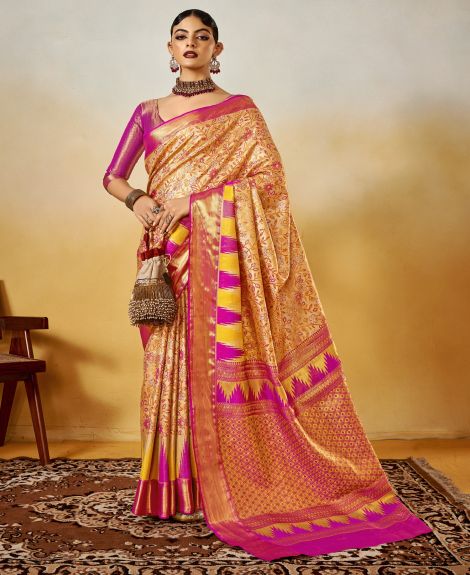 SAREE MALL Women's Silk Blend Beige Woven Design Designer Saree With Blouse Piece