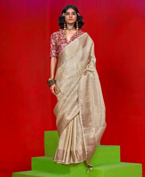 SAREE MALL Women's Tissue Cream Woven Design Designer Saree With Blouse Piece