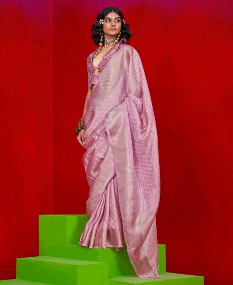SAREE MALL Women's Tissue Mauve Woven Design Designer Saree With Blouse Piece
