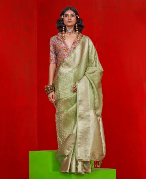 SAREE MALL Women's Tissue Light Green Woven Design Designer Saree With Blouse Piece