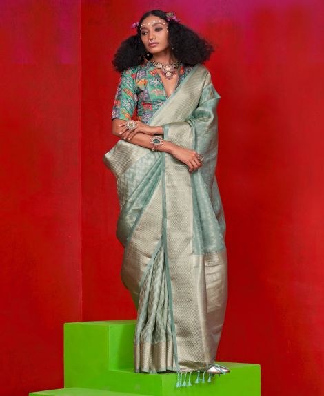SAREE MALL Women's Tissue Sea Green Woven Design Designer Saree With Blouse Piece
