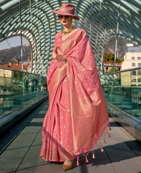 SAREE MALL Women's Silk Blend Pink Woven Design Designer Saree With Blouse Piece