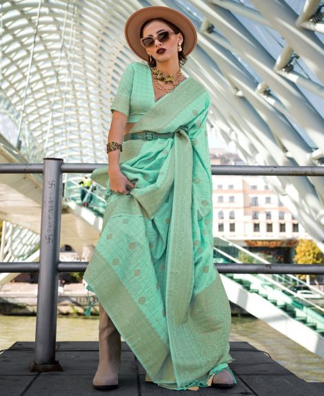 SAREE MALL Women's Silk Blend Sea Green Woven Design Designer Saree With Blouse Piece