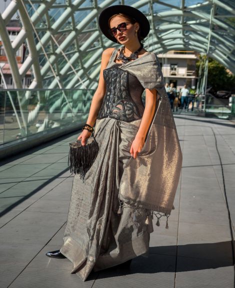 SAREE MALL Women's Silk Blend Grey Woven Design Designer Saree With Blouse Piece