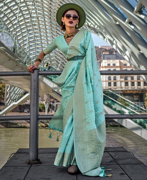 SAREE MALL Women's Silk Blend Light Blue Woven Design Designer Saree With Blouse Piece