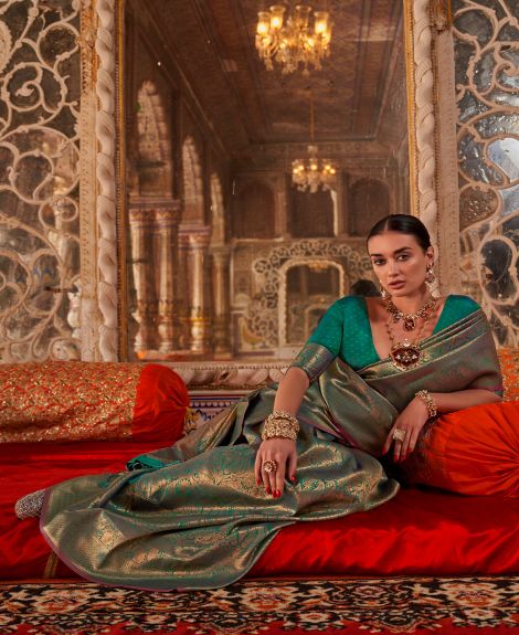 SAREE MALL Women's Silk Blend Teal green Woven Design Designer Saree With Blouse Piece