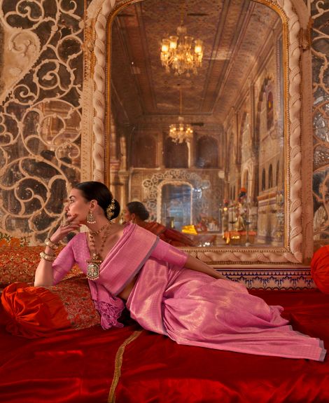 SAREE MALL Women's Silk Blend Pink Woven Design Designer Saree With Blouse Piece