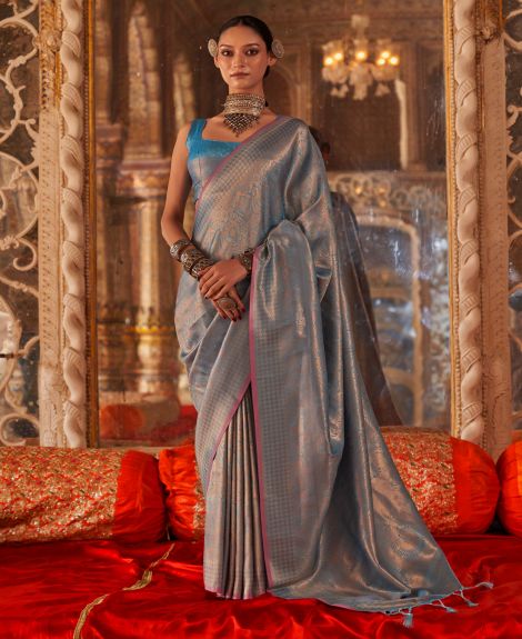 SAREE MALL Women's Silk Blend Light Blue Woven Design Designer Saree With Blouse Piece