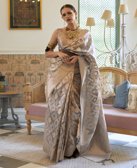 SAREEMALL Women's Tissue Grey WovenDesign DesignerSaree With Blouse Piece