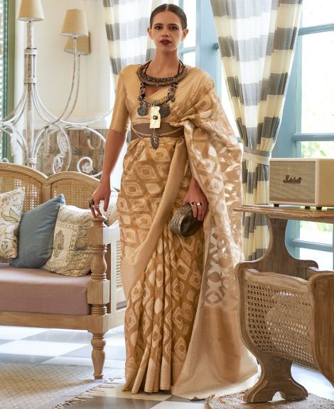 SAREEMALL Women's Tissue Mustard WovenDesign DesignerSaree With Blouse Piece