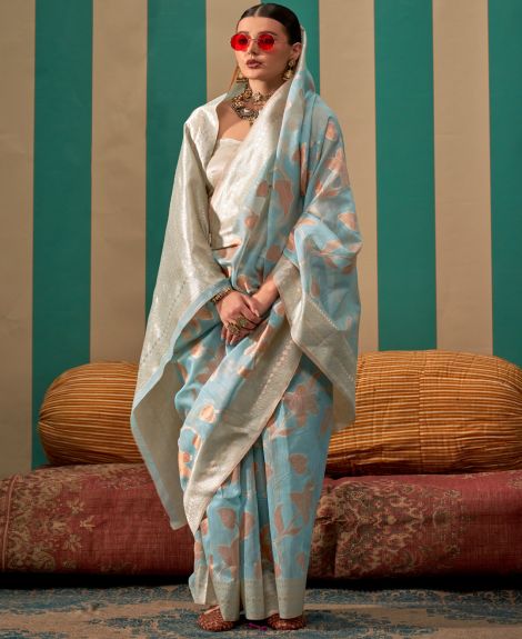 SAREE MALL Women's Linen Light Blue Woven Design Designer Saree With Blouse Piece