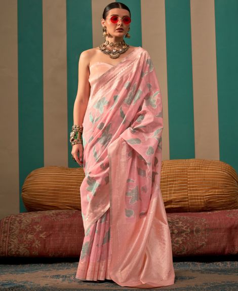 SAREE MALL Women's Linen Pink Woven Design Designer Saree With Blouse Piece