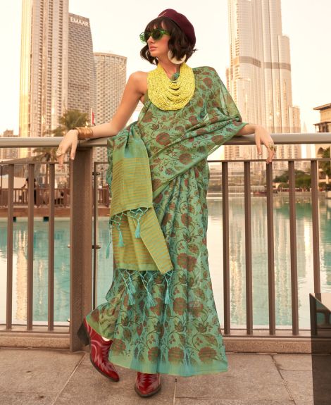 SAREE MALL Women's Tissue Sea Green Printed Designer Saree With Blouse Piece