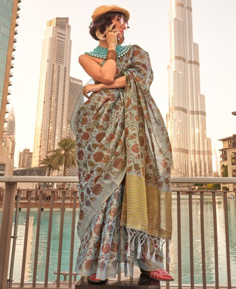 SAREE MALL Women's Tissue Grey Printed Designer Saree With Blouse Piece