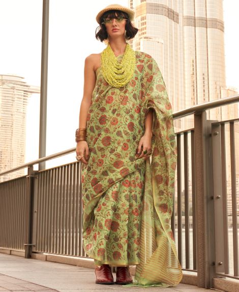 SAREE MALL Women's Tissue Light Green Printed Designer Saree With Blouse Piece