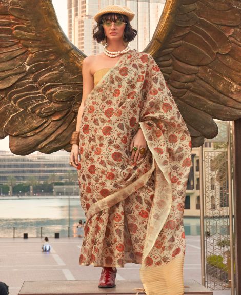 SAREE MALL Women's Tissue Cream Printed Designer Saree With Blouse Piece