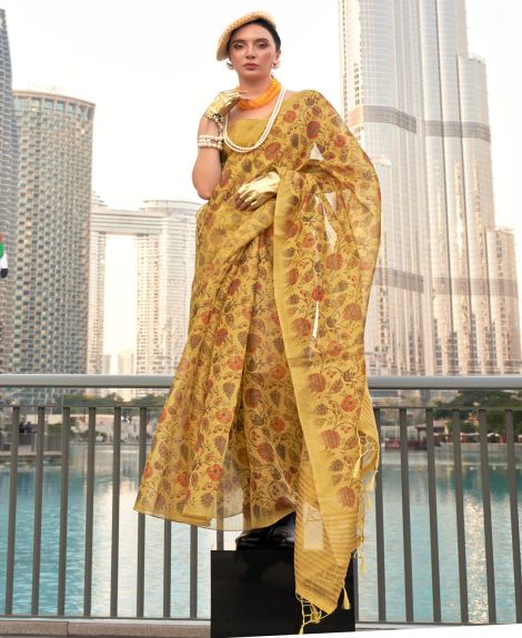SAREE MALL Women's Tissue Mustard Printed Designer Saree With Blouse Piece