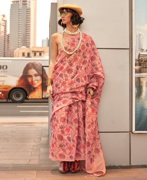 SAREE MALL Women's Tissue Pink Printed Designer Saree With Blouse Piece