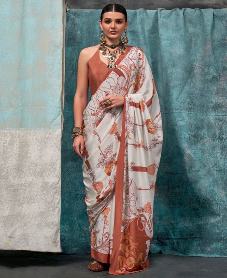 SAREE MALL Women's Crepe Off White Printed Designer Saree With Blouse Piece