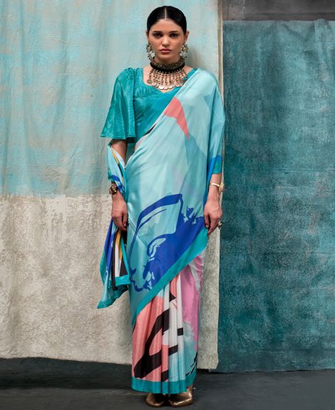 SAREE MALL Women's Crepe Light Blue Printed Designer Saree With Blouse Piece