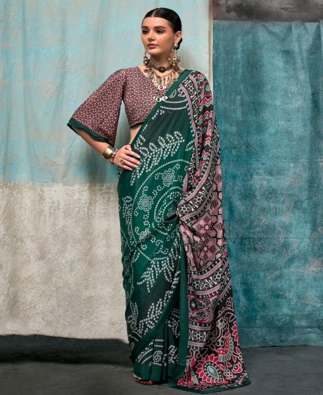 SAREE MALL Women's Crepe Green Printed Designer Saree With Blouse Piece