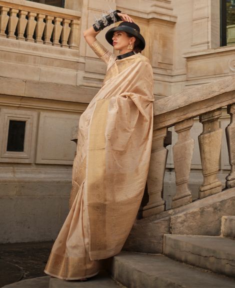 SAREEMALL Women's Silk Blend cream WovenDesign DesignerSaree With Blouse Piece