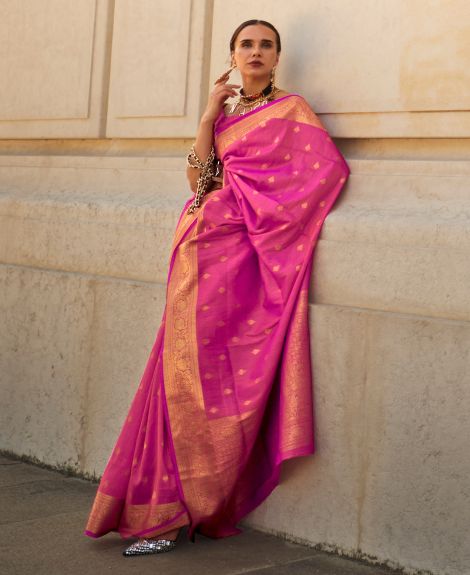 SAREEMALL Women's Silk Blend Pink WovenDesign DesignerSaree With Blouse Piece