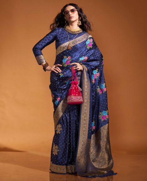 SAREE MALL Women's Satin Silk Navy Blue Woven Design Designer Saree With Blouse Piece