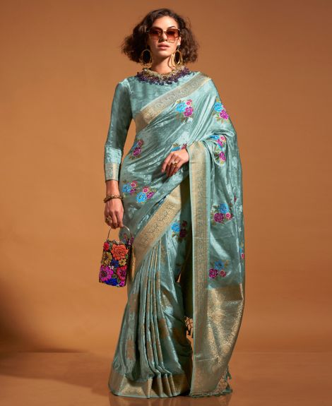 SAREE MALL Women's Satin Silk Light Blue Woven Design Designer Saree With Blouse Piece
