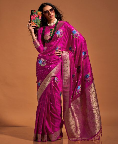 SAREE MALL Women's Satin Silk Pink Woven Design Designer Saree With Blouse Piece