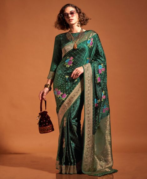 SAREE MALL Women's Satin Silk Dark Green Woven Design Designer Saree With Blouse Piece