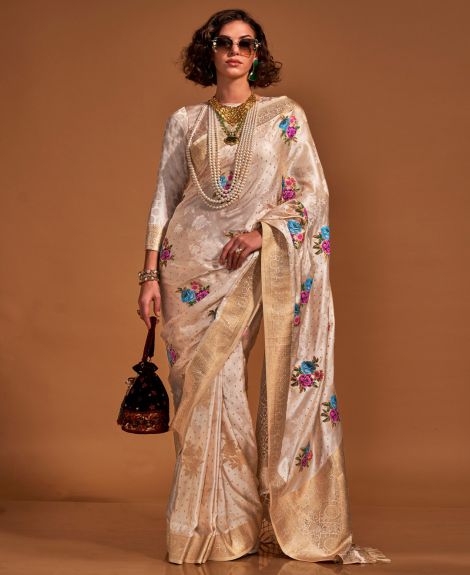 SAREE MALL Women's Satin Silk Cream Woven Design Designer Saree With Blouse Piece