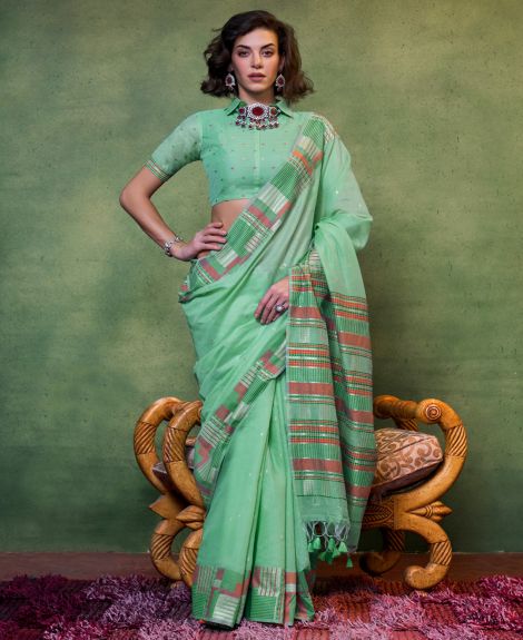 SAREE MALL Women's Silk Blend Sea Green Woven Design Designer Saree With Blouse Piece