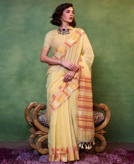 SAREE MALL Women's Silk Blend Yellow Woven Design Designer Saree With Blouse Piece