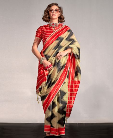 SAREE MALL Women's Silk Blend Yellow Woven Design Designer Saree With Blouse Piece