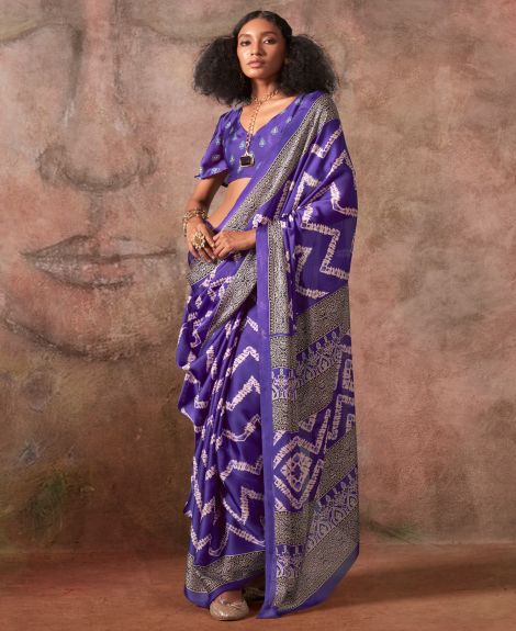 SAREE MALL Women's Satin Purple Printed Designer Saree With Blouse Piece