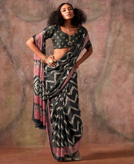 SAREE MALL Women's Satin Black Printed Designer Saree With Blouse Piece