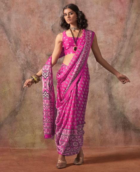 SAREE MALL Women's Satin Pink Printed Designer Saree With Blouse Piece