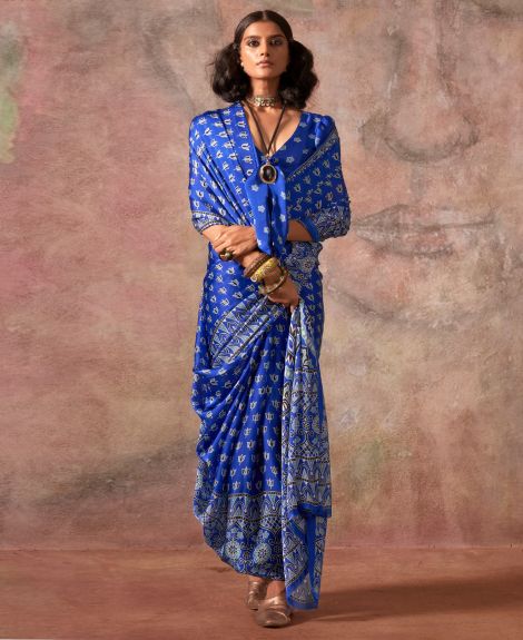 SAREE MALL Women's Satin Blue Printed Designer Saree With Blouse Piece